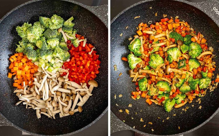 process shots showing how to make sticky beef fried rice.
