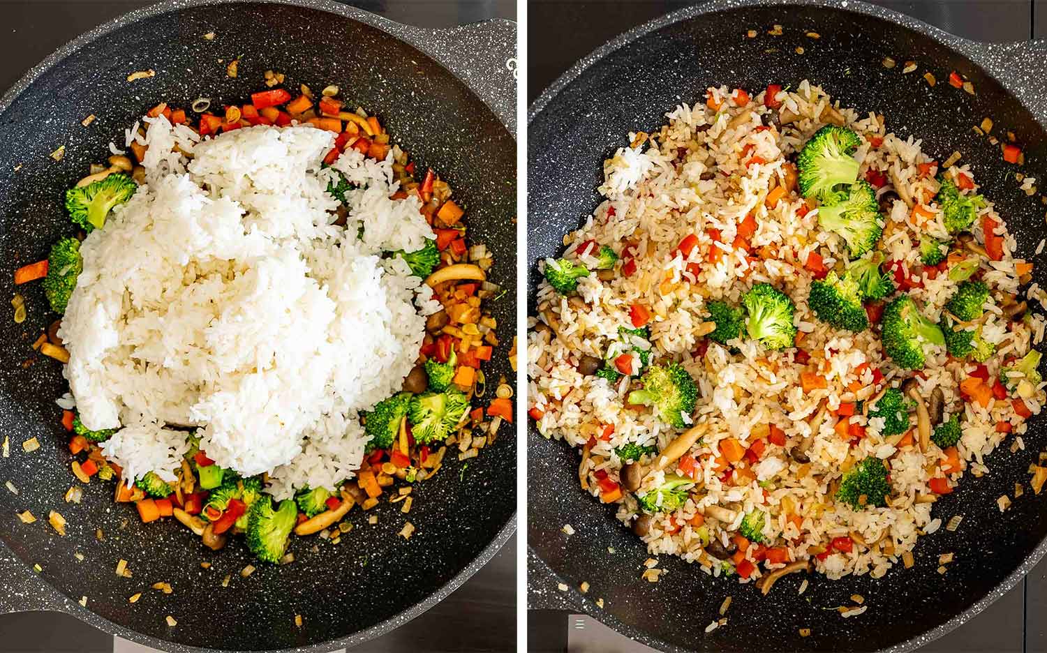 process shots showing how to make sticky beef fried rice.