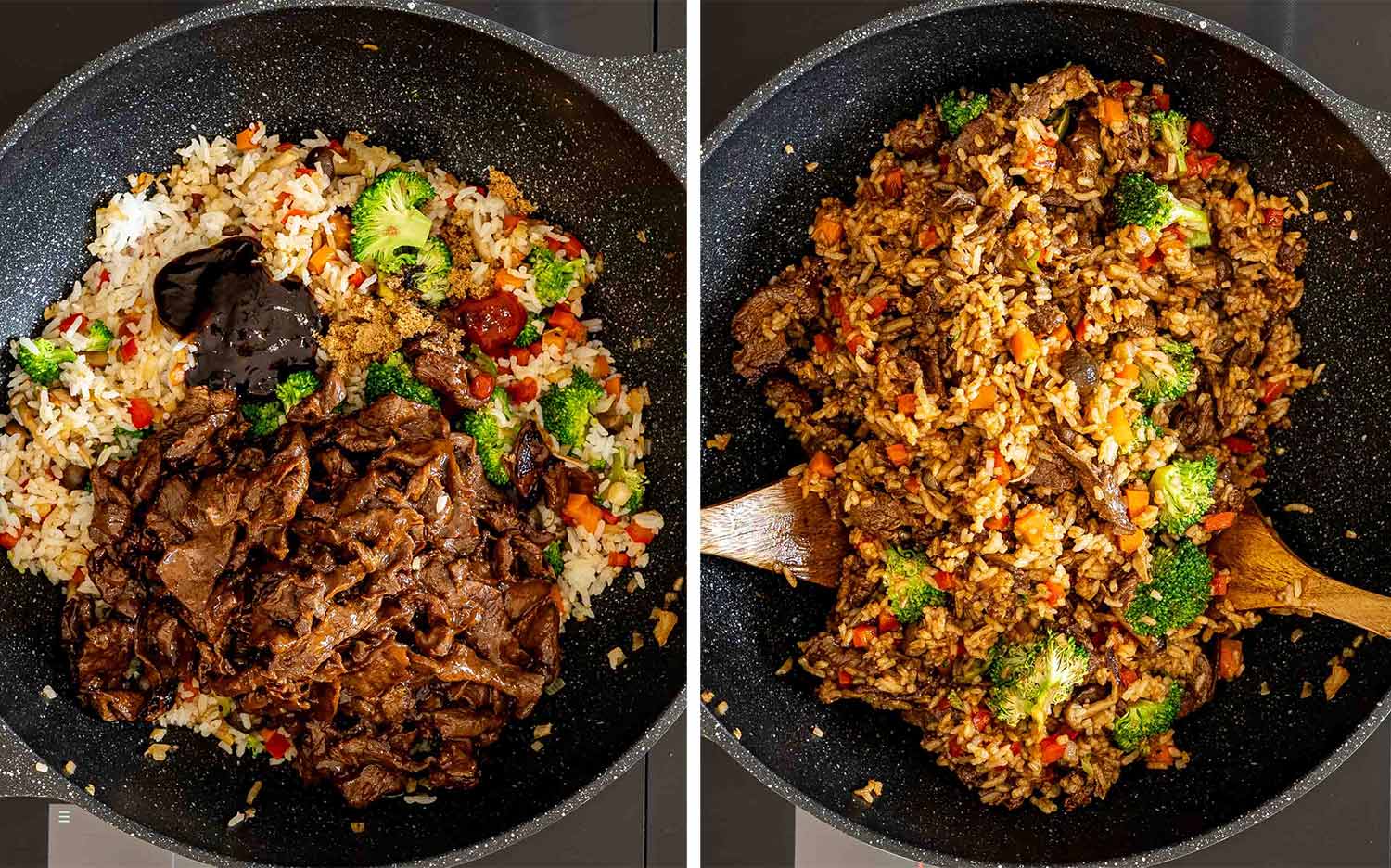 process shots showing how to make sticky beef fried rice.