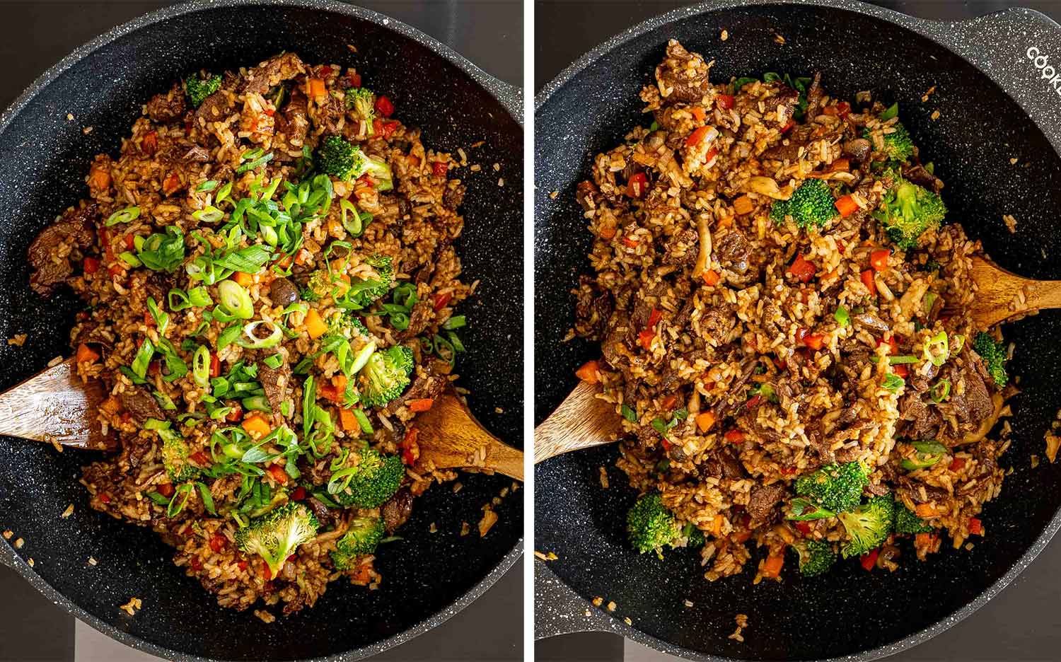 process shots showing how to make sticky beef fried rice.