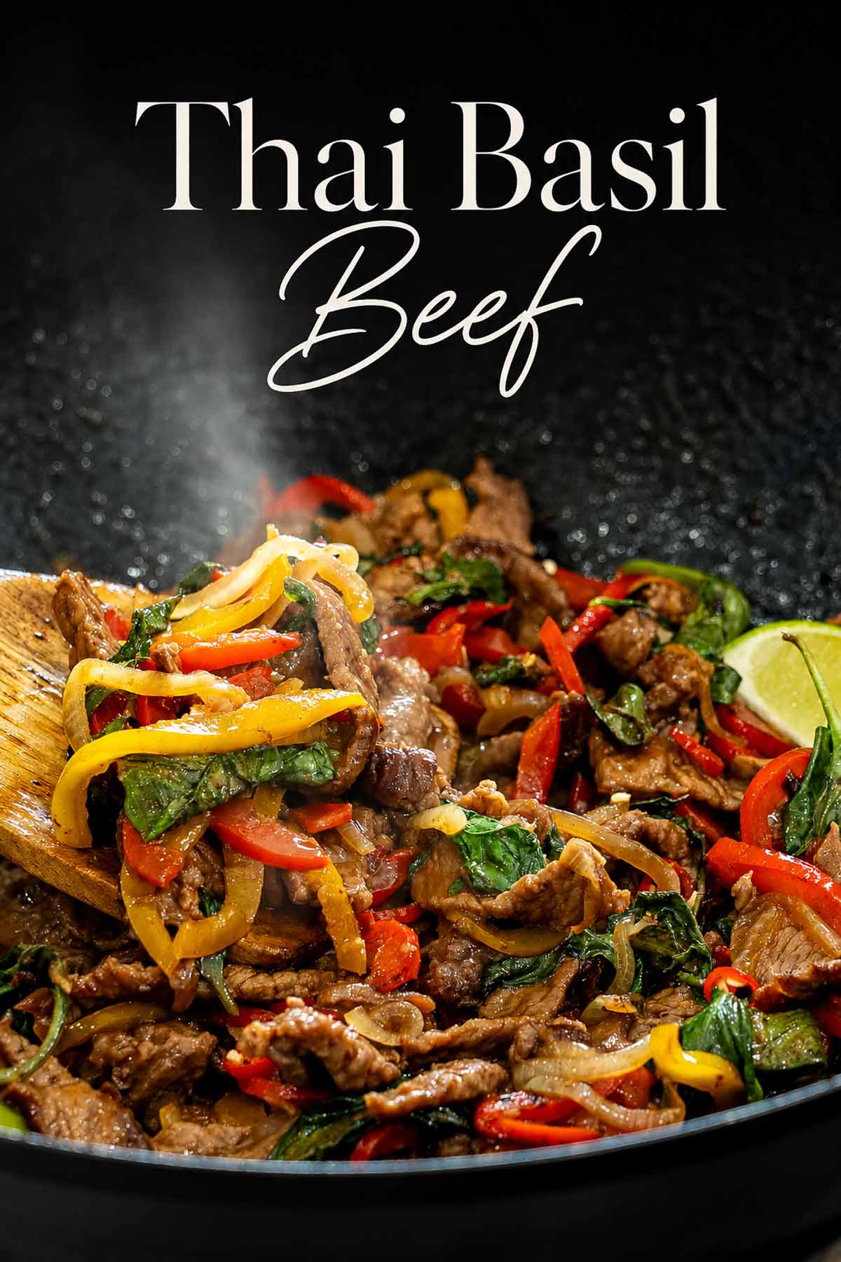 Pinterest graphic featuring steaming Thai basil beef with colorful peppers and basil in a skillet beneath elegant recipe title text.