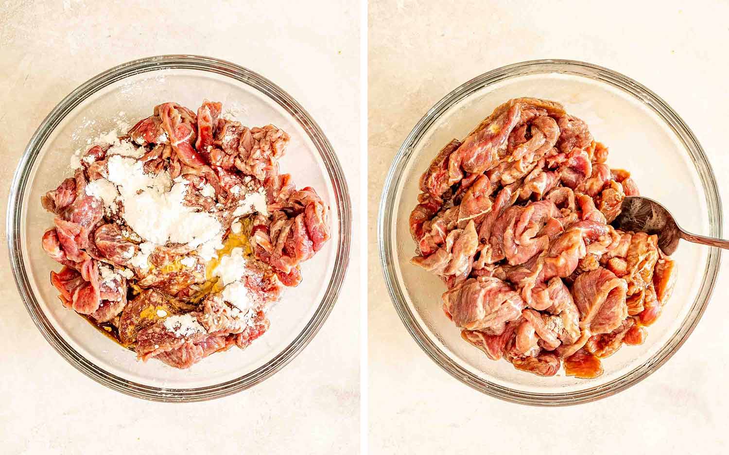 Thinly sliced steak is combined with cornstarch and seasonings in a glass bowl, then mixed until evenly coated.