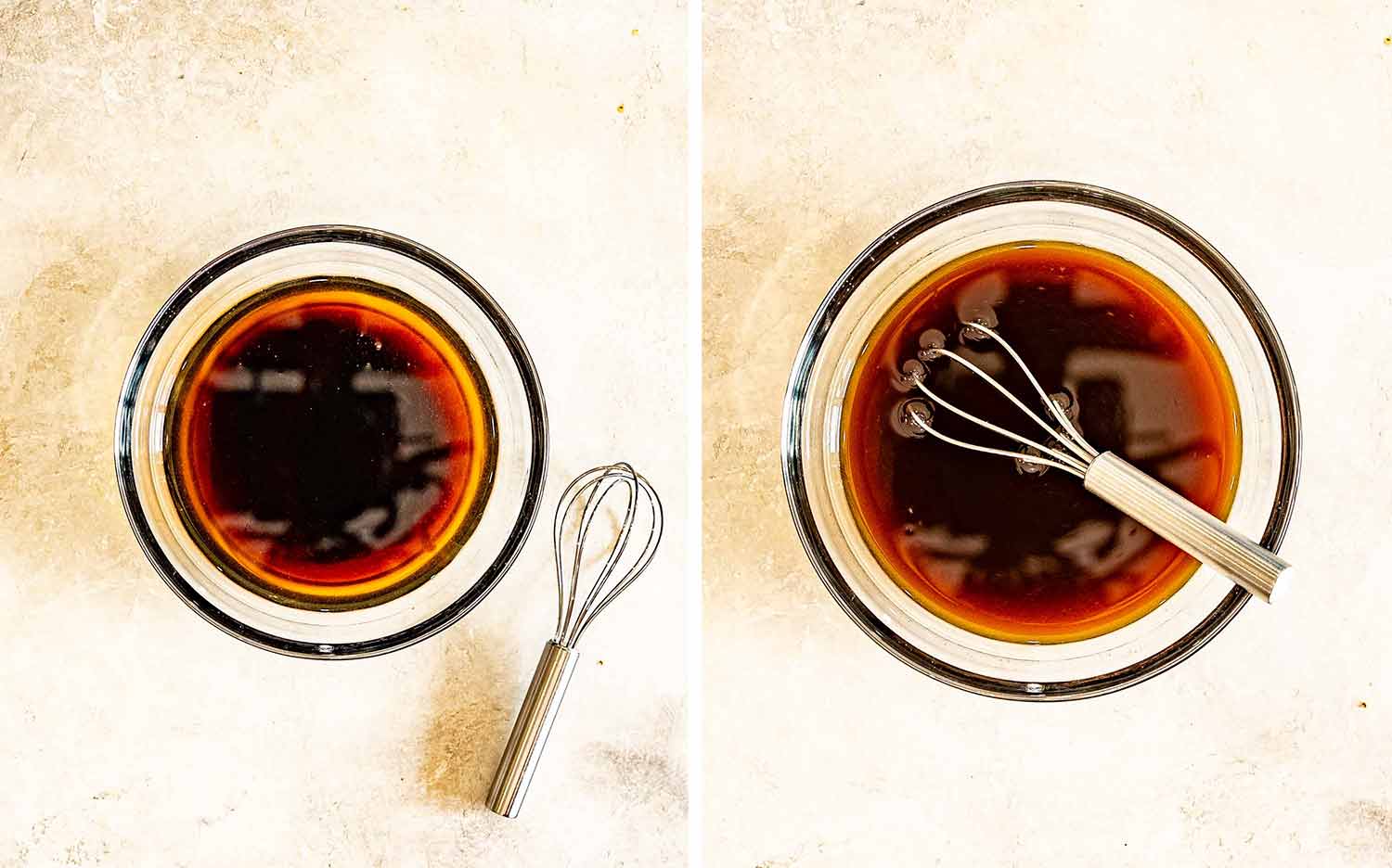 Stir-fry sauce ingredients are combined in a glass bowl, then whisked until smooth and evenly blended for cooking.