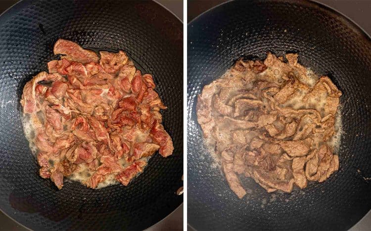 Thinly sliced beef cooks in a hot wok, changing from pink to browned while releasing flavorful juices.