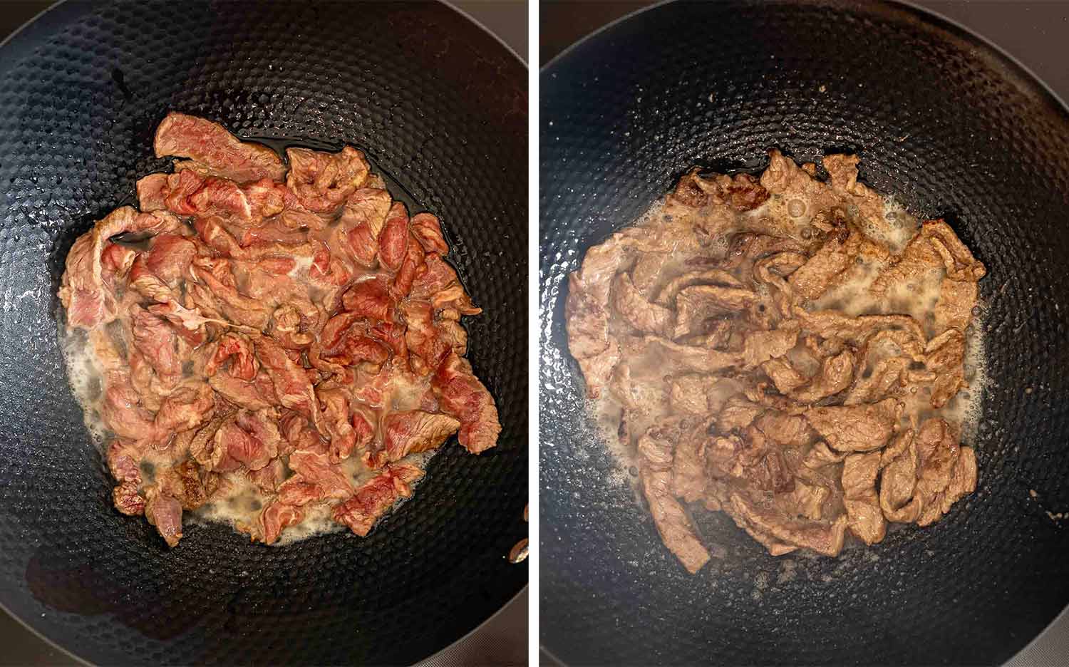 Thinly sliced beef cooks in a hot wok, changing from pink to browned while releasing flavorful juices.