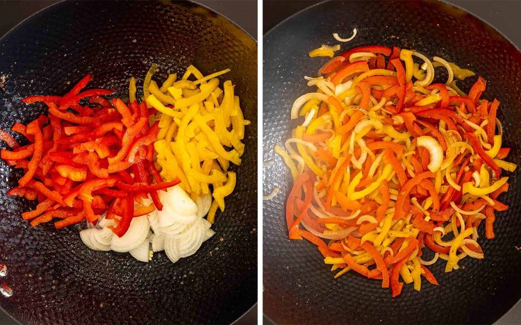 Sliced red and yellow bell peppers with onions are added to a wok, then saut&eacute;ed until slightly softened.