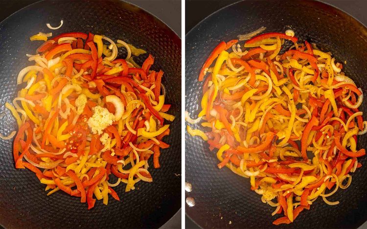 Minced garlic, ginger, and chilies are added to saut&eacute;ed peppers and onions before everything cooks together until fragrant.