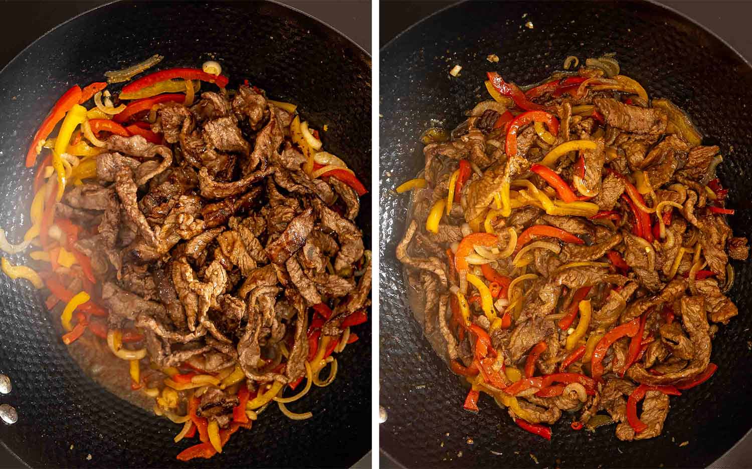 Cooked steak strips are returned to saut&eacute;ed peppers and onions, then tossed together until evenly combined and saucy.