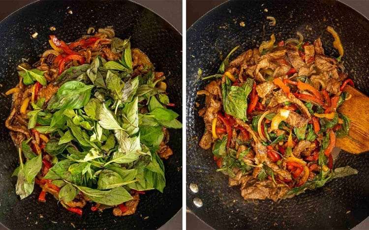 Fresh Thai basil leaves are added to beef and peppers, then stirred until wilted throughout the finished dish.