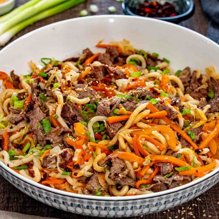 Close view of beef yaki udon in a patterned serving bowl with carrots, bell peppers, cabbage, and green onions.