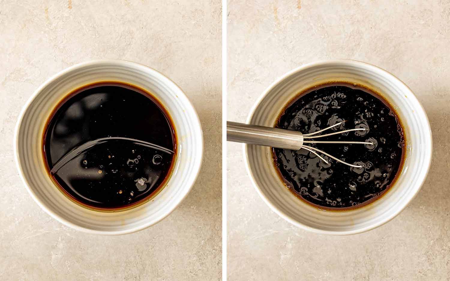 Two preparation photos showing dark yaki udon sauce before and after whisking in a small white ceramic bowl.