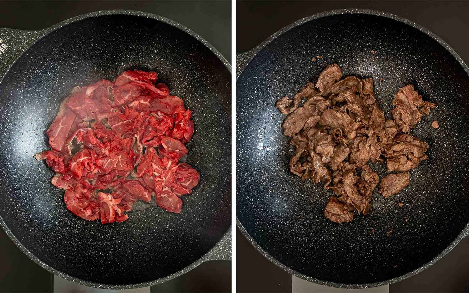 2.jpg Side by side photos showing thinly sliced raw beef and browned beef after searing in a black wok.