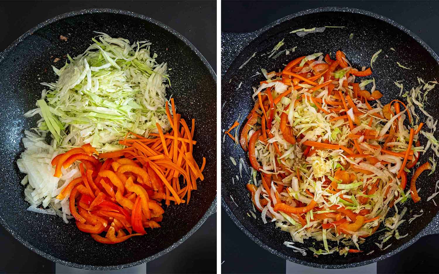 3.jpg Cabbage, carrots, onion, and bell pepper in a wok, followed by stir fried vegetables with garlic and ginger.