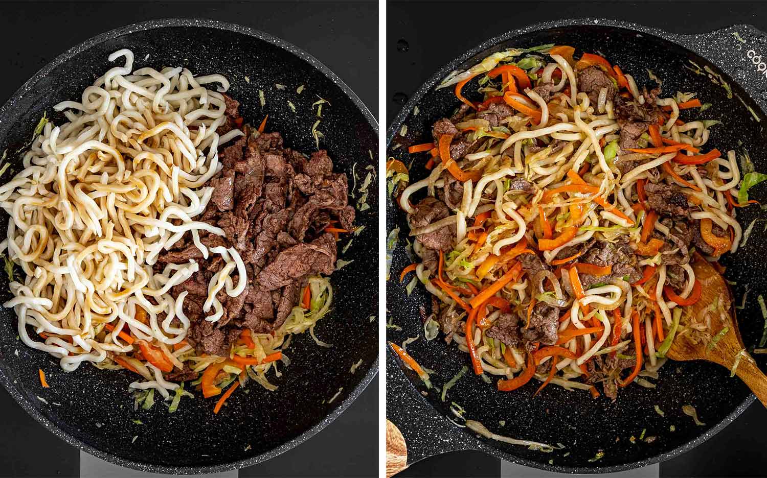 Udon noodles and seared beef added to cooked vegetables, then tossed together with sauce in a black wok.