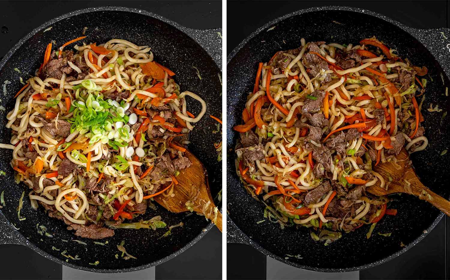 Sliced green onions added to beef yaki udon, then tossed with noodles and vegetables in a black wok.
