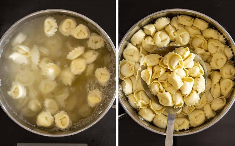 Refrigerated cheese tortellini boils in salted water before being lifted from the pot with a slotted spoon.