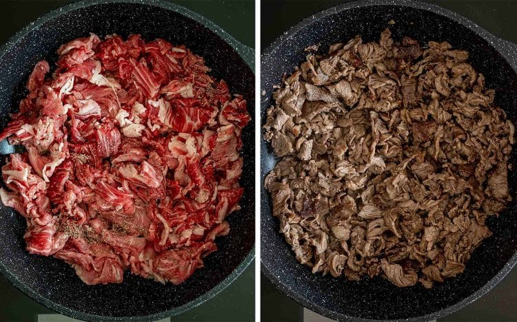 Thinly sliced seasoned steak cooks in a hot skillet until the pieces are nicely browned and tender.