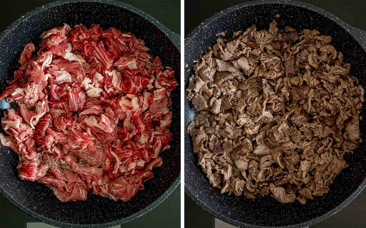 Thinly sliced seasoned steak cooks in a hot skillet until the pieces are nicely browned and tender.