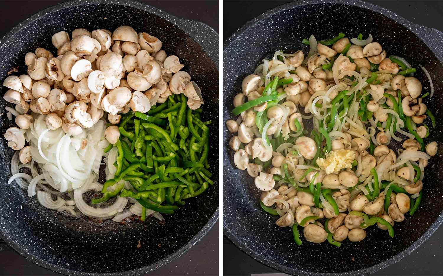 Mushrooms, sliced green peppers, and onions cook in a skillet before minced garlic is added and stirred through.