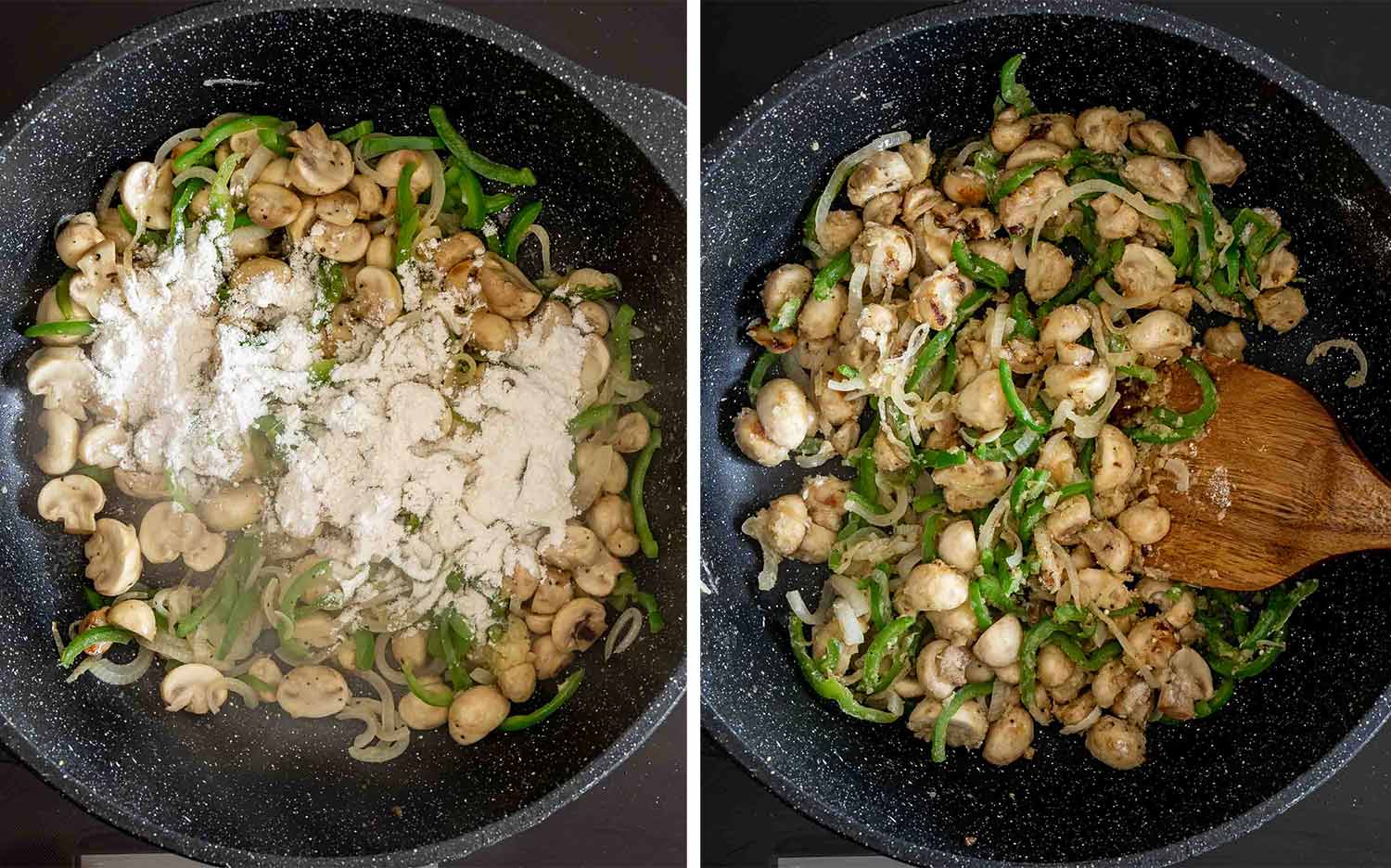 Flour is sprinkled over sautéed mushrooms, peppers, and onions, then stirred thoroughly to help thicken the sauce.