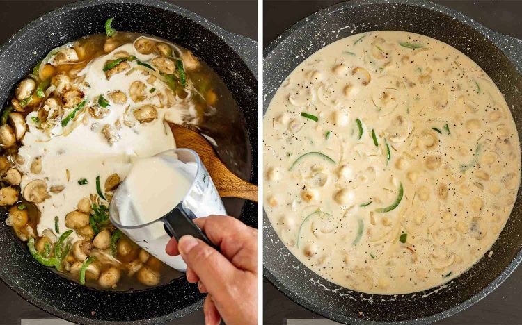 Beef broth and heavy cream are poured over sautéed vegetables, then simmered together into a creamy sauce.