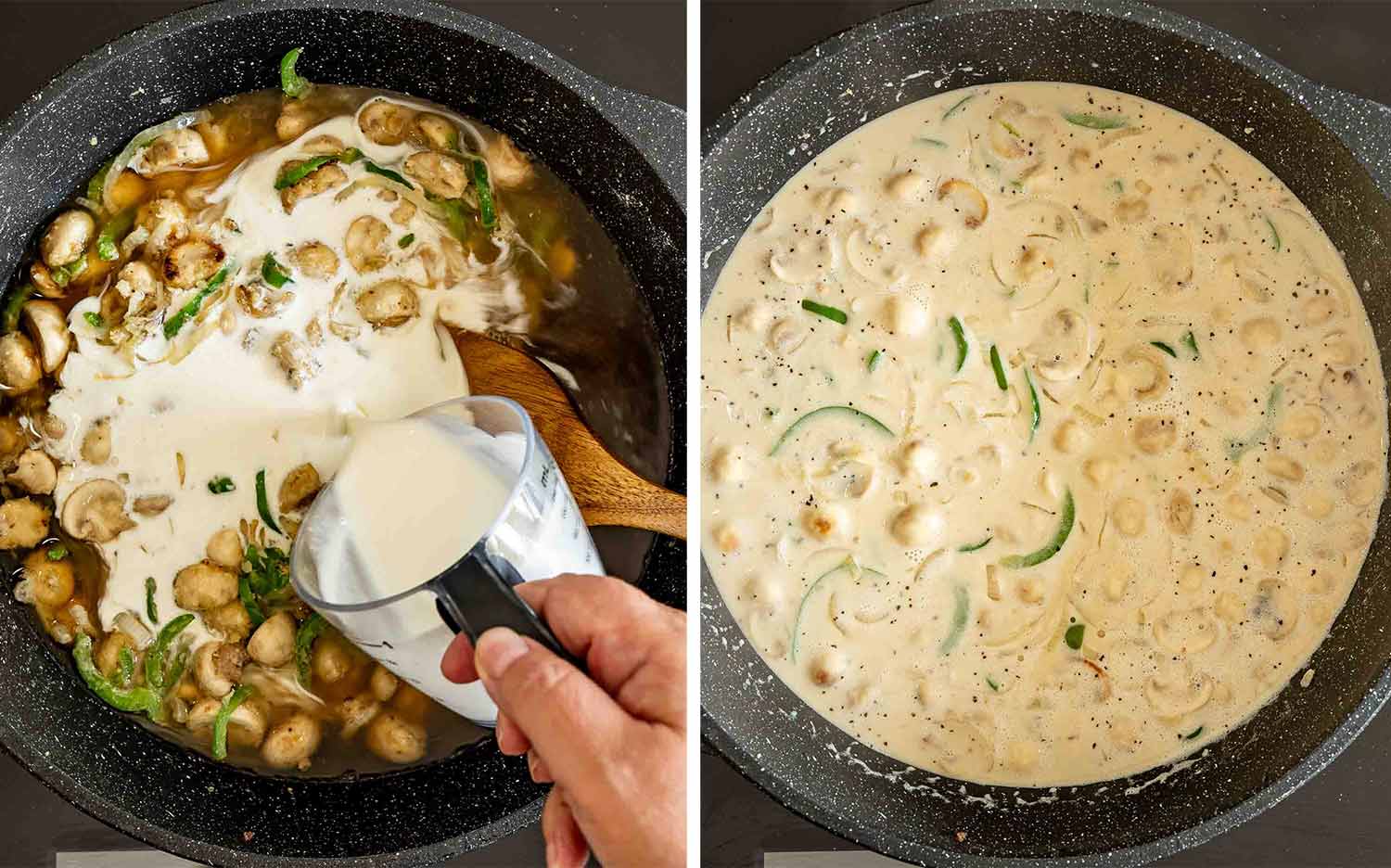 Beef broth and heavy cream are poured over sautéed vegetables, then simmered together into a creamy sauce.