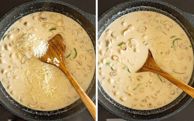 Provolone and Parmesan are stirred into the mushroom cream sauce until completely melted, thickened, and beautifully smooth.