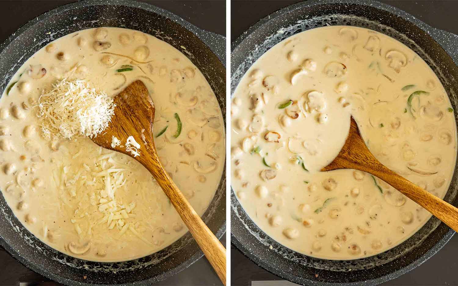 Provolone and Parmesan are stirred into the mushroom cream sauce until completely melted, thickened, and beautifully smooth.