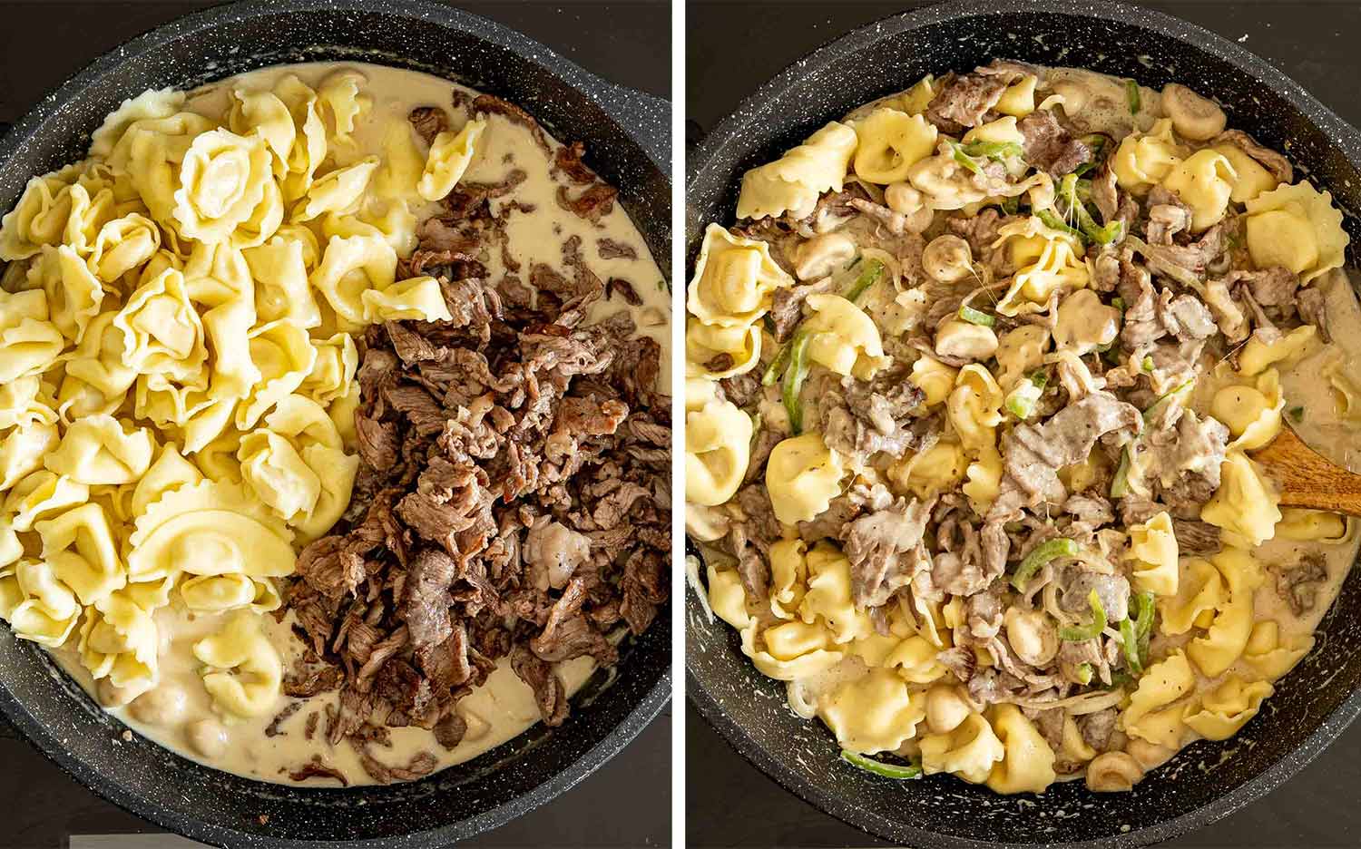 Cooked tortellini and seared steak are added to the skillet, then folded into the creamy vegetable sauce.
