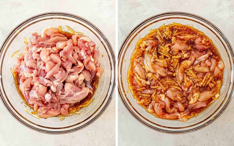 Sliced chicken thighs are added to the pear marinade, then thoroughly tossed until evenly coated and ready for cooking.