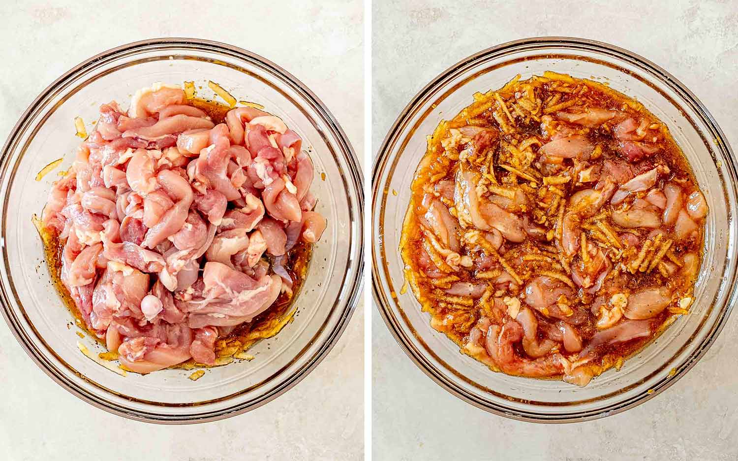 Sliced chicken thighs are added to the pear marinade, then thoroughly tossed until evenly coated and ready for cooking.