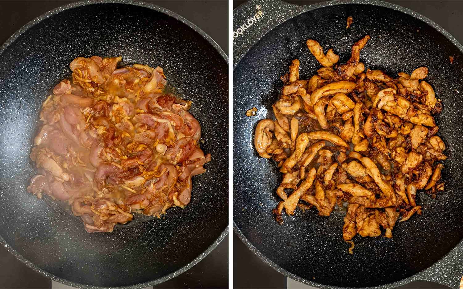Split images show marinated chicken thighs cooking in a skillet, then browned and caramelized after cooking completely.