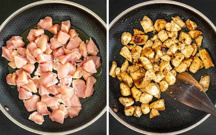 Cubed chicken breasts cook in olive oil until lightly browned outside, with a wooden spoon ready for stirring.