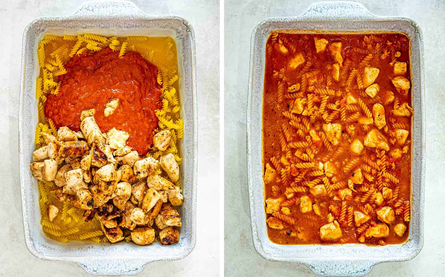 Uncooked rotini, marinara sauce, broth, garlic, and seared chicken are combined and stirred together in a baking dish.