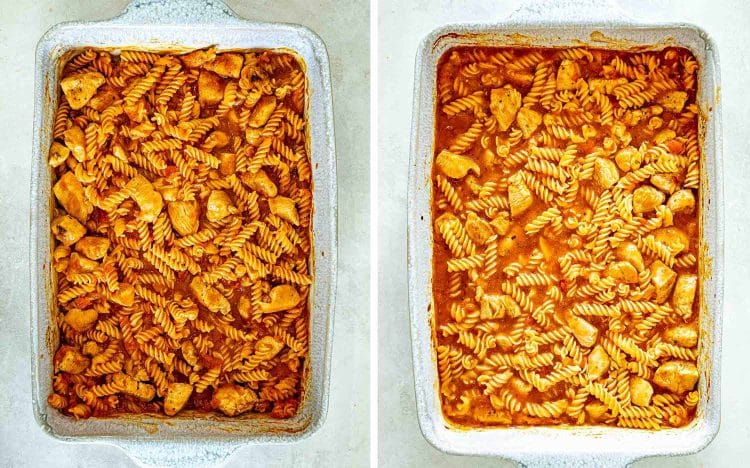 Overhead comparison of chicken and rotini in marinara sauce before baking and after the pasta becomes tender.