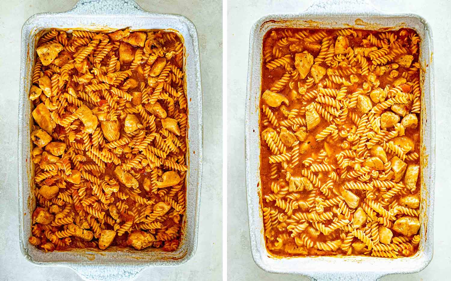 Overhead comparison of chicken and rotini in marinara sauce before baking and after the pasta becomes tender.