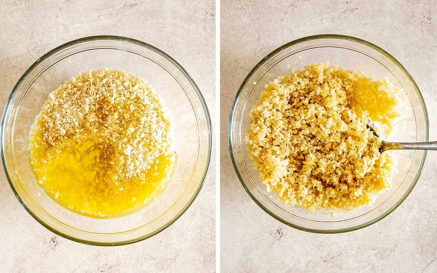 Panko breadcrumbs and melted butter shown before and after being stirred together thoroughly in a clear glass bowl.