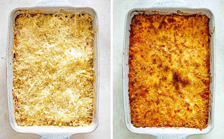 Overhead before-and-after views of chicken Parmesan casserole topped with breadcrumbs and cheese, then baked until golden and bubbly.