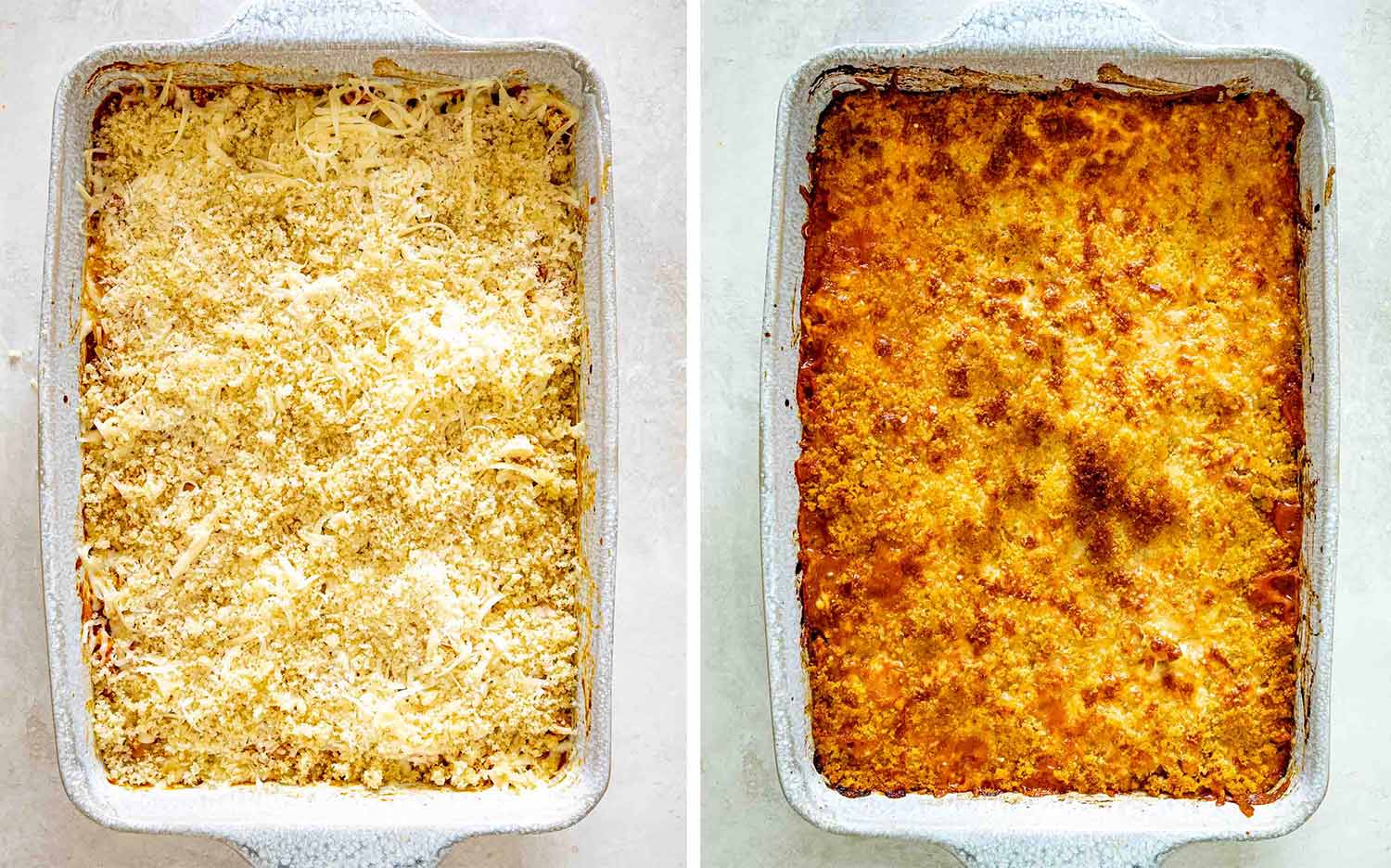 Overhead before-and-after views of chicken Parmesan casserole topped with breadcrumbs and cheese, then baked until golden and bubbly.