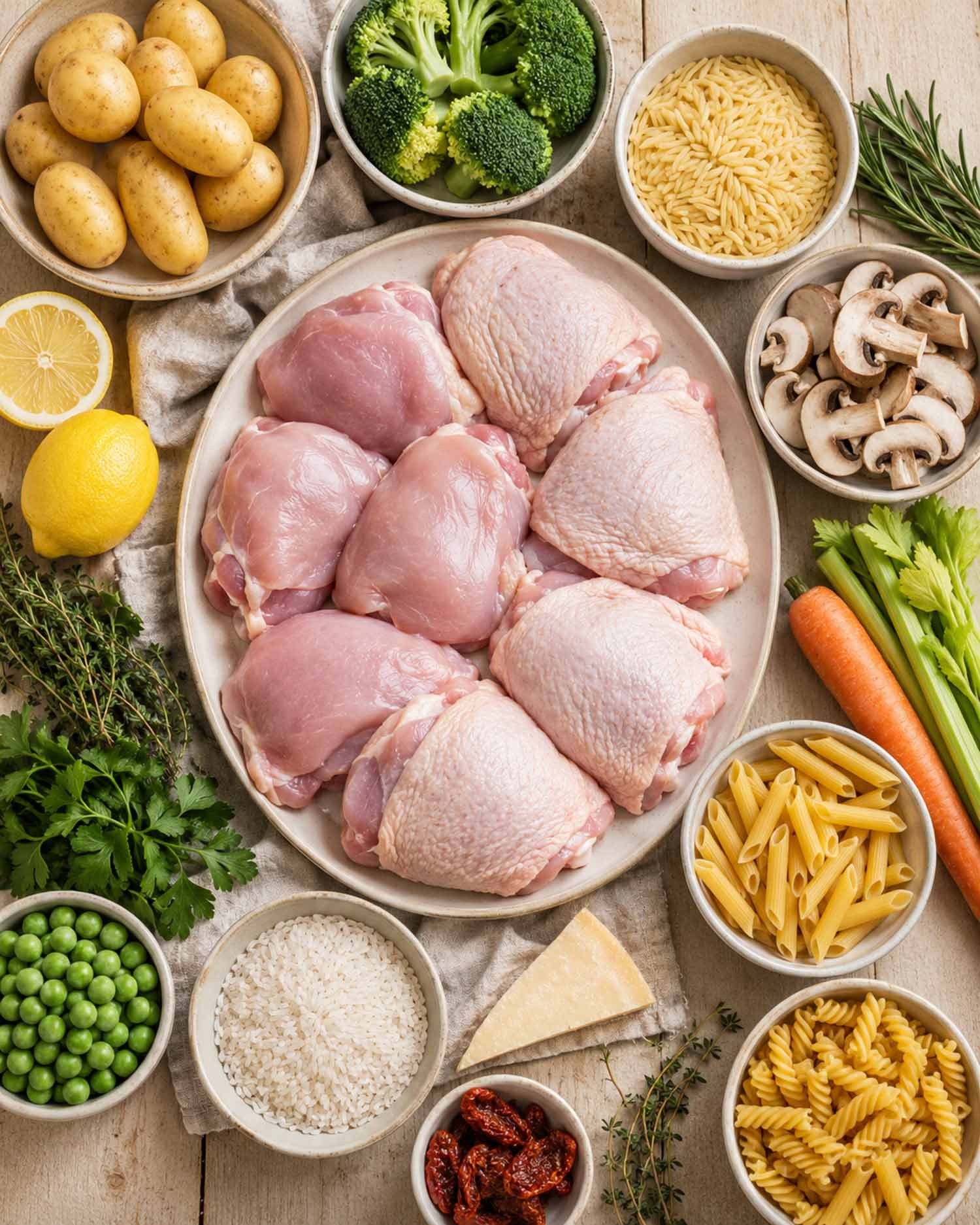 Raw chicken thighs arranged with potatoes, broccoli, pasta, rice, mushrooms, lemons, herbs, peas, Parmesan, carrots, and celery.