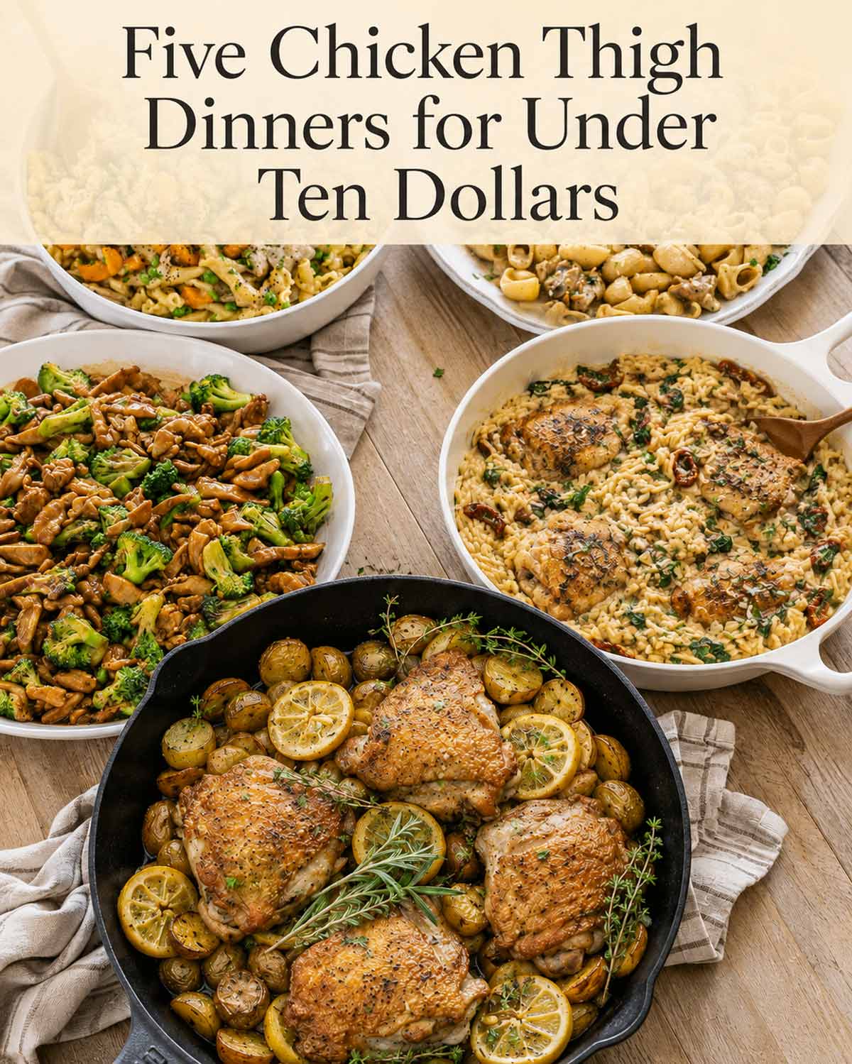 Five budget chicken thigh dinners arranged on a wooden table beneath a simple title announcing meals under ten dollars.
