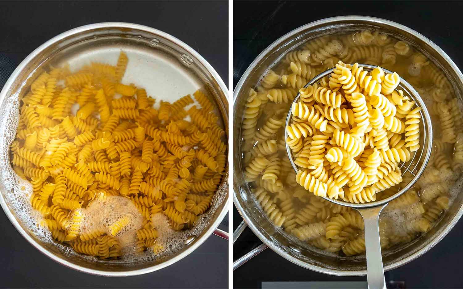 Rotini pasta boils in salted water before being lifted from the pot once perfectly cooked to al dente.