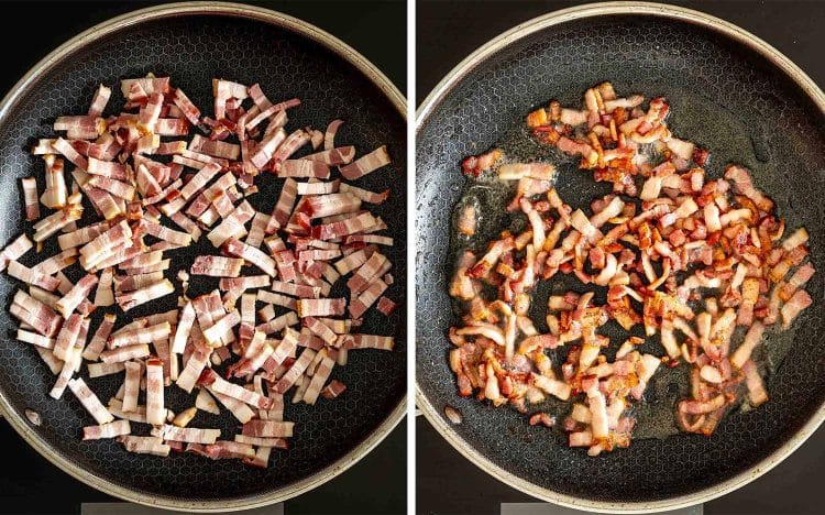 Chopped bacon cooks in a skillet until golden brown and crisp, releasing flavorful fat for cooking the beef.