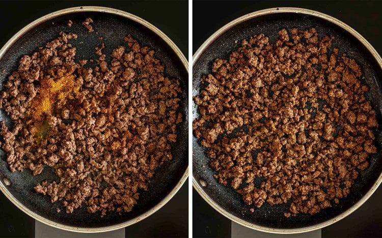 Browned ground beef is combined with taco seasoning and cooked until richly seasoned for cowboy pasta salad.