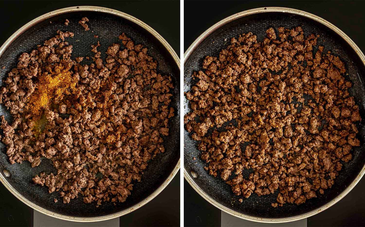 Browned ground beef is combined with taco seasoning and cooked until richly seasoned for cowboy pasta salad.