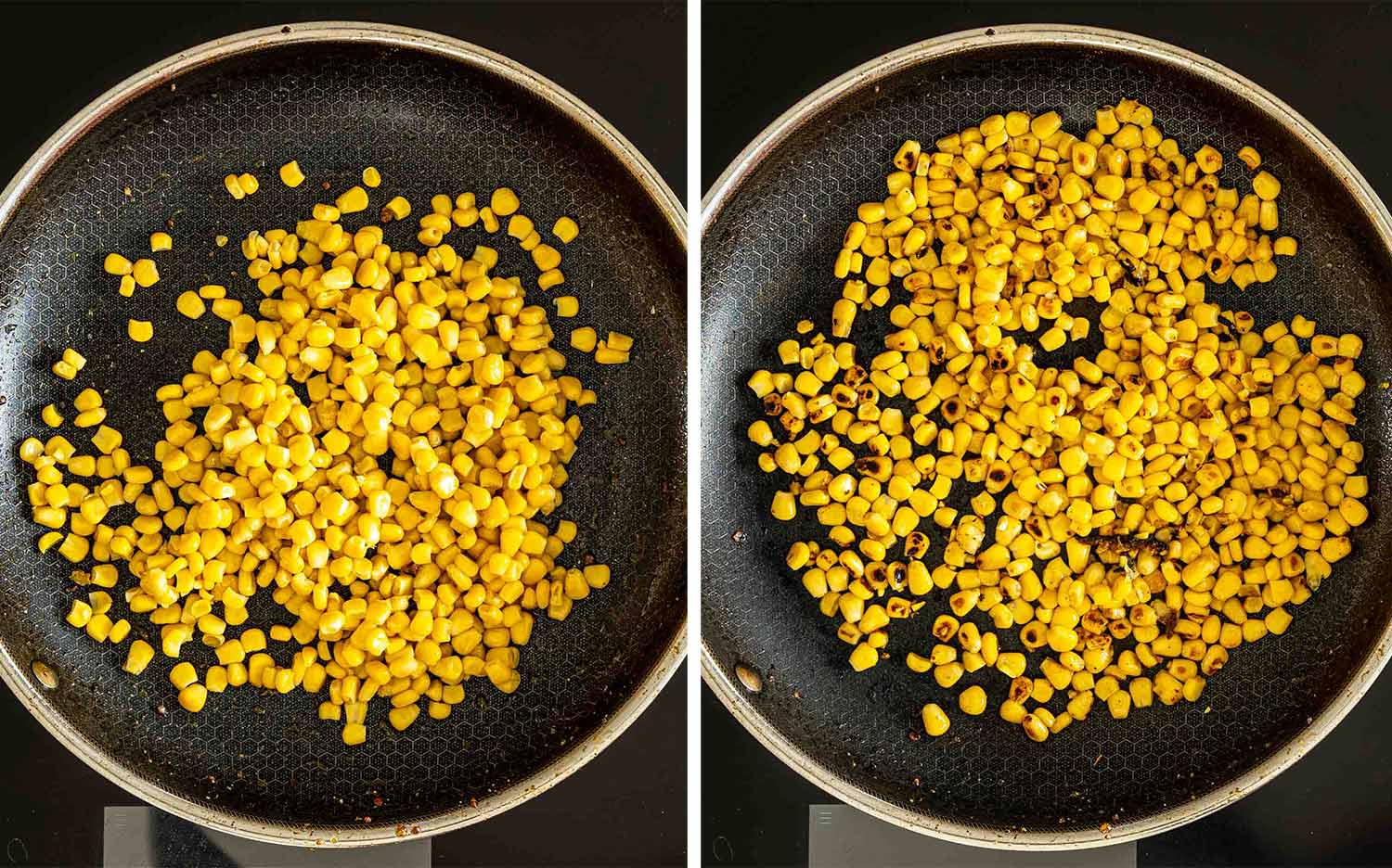 Overhead before-and-after view of corn kernels cooking in a skillet until golden, charred, and blistered in spots.