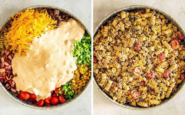 Cowboy pasta salad ingredients topped with creamy dressing beside finished salad tossed until evenly coated in a large bowl.
