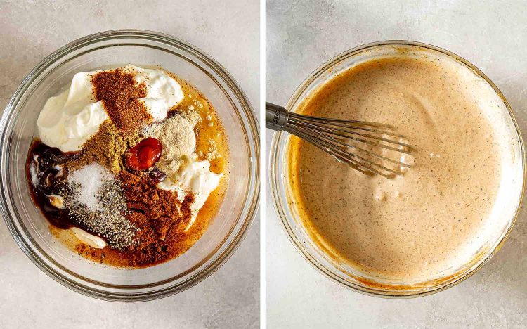 side by side pictures showing how to make cowboy pasta salad dressing.