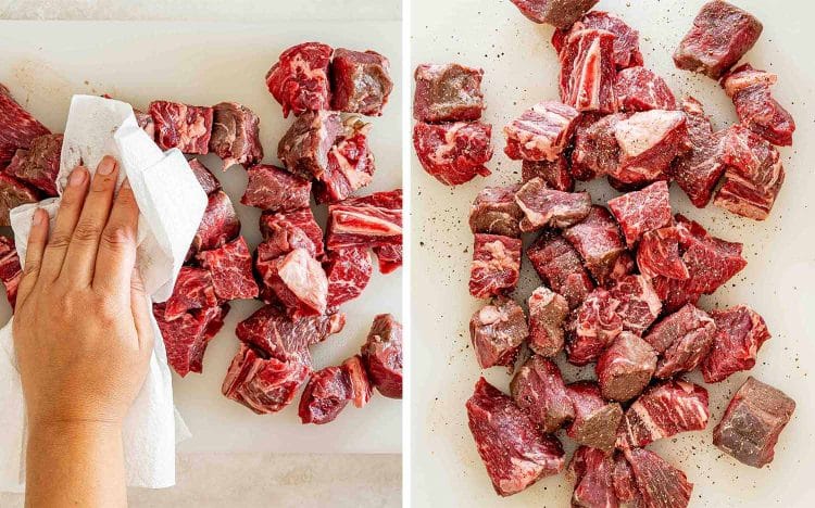 Beef chuck chunks are patted dry with paper towel, then seasoned generously with salt and freshly ground black pepper.