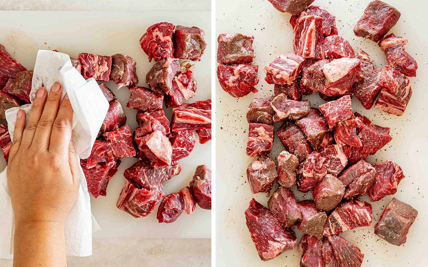 Beef chuck chunks are patted dry with paper towel, then seasoned generously with salt and freshly ground black pepper.